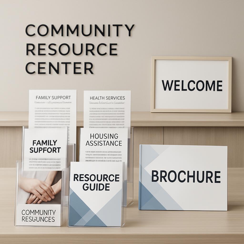 Image featuring pamphlets/cppc/brochures at community resource center, as well as a sign saying "welcome".
