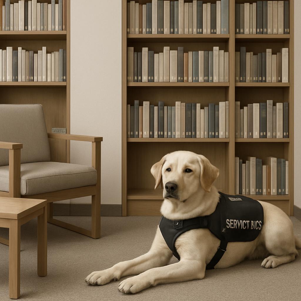 A yellow Lab dog sits on the floor, looking at the camera. It's wearing a gray vest say IG, gLAL N S, looking like SERVICE...